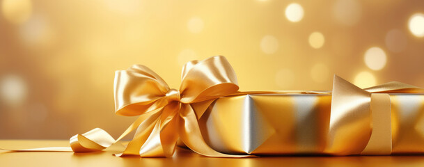 Wall Mural - gleaming golden gift with a luxurious bow on a glowing bokeh background, epitomizing festive celebra