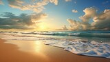 Fototapeta Zachód słońca - A bright sunny day. A panorama of a beautiful beach with white sand and turquoise water. Summer beach holiday background. A sea wave on a sandy beach.