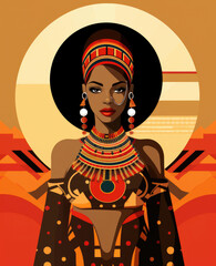 Stylized illustration of a figure with traditional headband and beaded jewelry against an abstract sun motif.