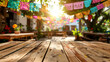 © Maria Shchipakina - Empty wooden table with defocused decorated Mexican town, mockup scene for Cinco de Mayo holiday.