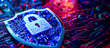 Glowing padlock on a shield symbol on a vibrant, multicolored circuit board background, illustrating cybersecurity and encrypted digital data protection.