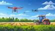Agricultural drones and robotics, cartoon robots working the land and flying overhead
