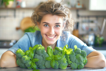 Wall Mural - A woman is smiling and holding a bunch of broccoli