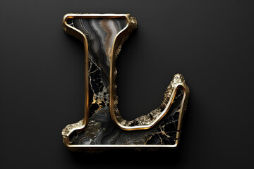 Poster - Black marble alphabet, initial letter L, gold border, 3D rendering, agate stone abc with golden marbelling, beautiful unique font design for luxury and jewelry concepts