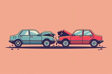 Car crash flat cartoon style, two automobiles collision, auto or vehicle accident