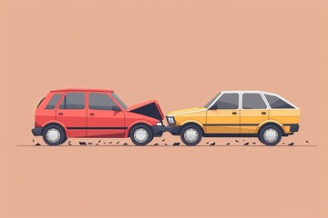 Car crash flat cartoon style, two automobiles collision, auto or vehicle accident