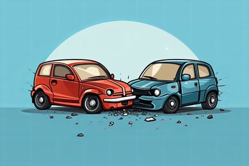 Car crash flat cartoon style, two automobiles collision, auto or vehicle accident