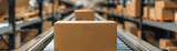 Fototapeta Przestrzenne - Cardboard Boxes on High-Speed Conveyor Belt in Warehouse E-Commerce Fulfillment and Online Order Delivery