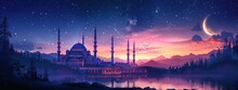Ramadan Kareem. Mosque At Night With Crescent Moon, Reflections In Water, Colorful Sky, Palm Trees, 3d Rendering Illustration, Religion Festival, Eid Mubarak, Holy Month Of Ramadan Kareem Concept