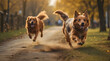 Blurred faces aside, two dogs race playfully along a dirt path with autumn leaves falling
