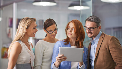 Leinwandbilder - Business people, team and research with tablet for networking, collaboration or communication at office. Businessman, woman or group with technology for online search, browsing or app at workplace