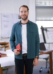 Wall Mural - Portrait, smile and notebook with architect man in office with documents for building, design or planning. Architecture, construction and creative with confident young developer in workplace