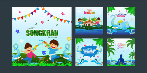 Wall Mural - Vector illustration of Happy Songkran festival social media feed set template