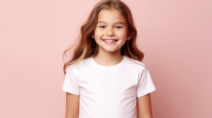 Wall Mural - A girl in white t-shirt on pink background. Mockup of t-shirt.