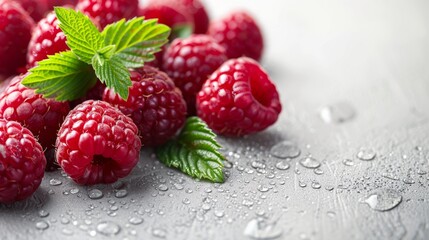 Wall Mural - Fresh raspberries with water droplets on a surface for healthy eating. Juicy red raspberries with fresh green leaves for nutritious snacking.