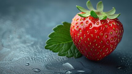 Wall Mural - A succulent red strawberry, adorned with droplets of water, rests against a muted grey backdrop, accompanied by a vibrant green leaf.