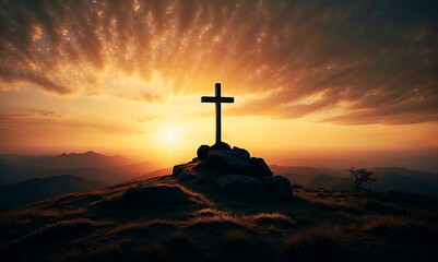 Wall Mural - Cross on a hill at serene golden sunset. Panoramic view. Concept for church, faith and crucifixion. Panoramic view.