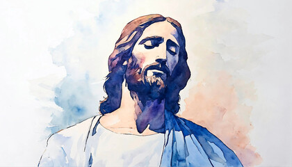 Wall Mural - Serene portrait of Jesus Christ in watercolor painting style. Religious artwork.