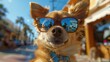 A close-up of a charming Chihuahua wearing blue sunglasses, fashion pet