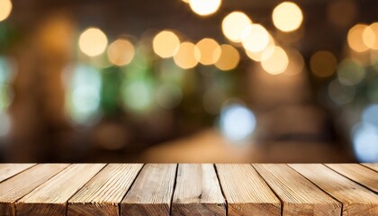 Poster - wooden table in front of blurred background with bokeh lights