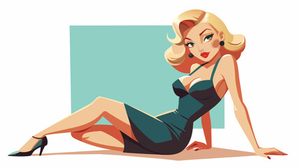 Wall Mural - Beautiful lady with blond hair and in a beautiful dress.cartoon, frisky bombshell, alluring, legs, simple white background