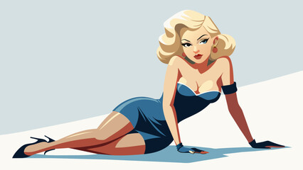 Wall Mural - A beautiful lady with blonde hair and a beautiful dress.cartoon, playful, attractive, legs, simple white background.Fatal blonde: a photo of a beauty in a bright dress.Cartoon beauty: A playful blonde