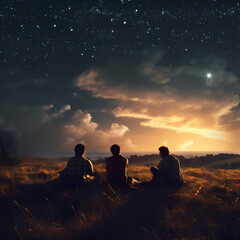 Poster - A group of friends stargazing in a field. 