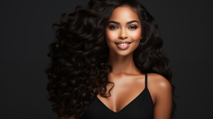 Portrait of a smiling woman with voluminous curly hair on a grey background.