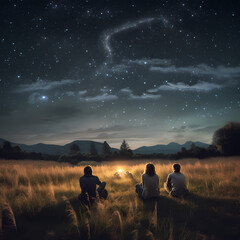 Poster - A group of friends stargazing in a field. 