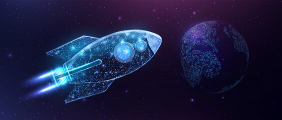Wall Mural - wireframe polygonal rocket with globe map. internet technology network, business startup concept wit