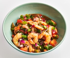 Wall Mural - A vibrant shrimp salad with fresh vegetables in a green bowl, perfectly capturing healthy cuisine.