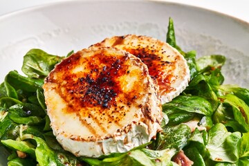 Wall Mural - Grilled goat cheese on a bed of fresh spinach leaves, perfect for gourmet and healthy lifestyle themes.