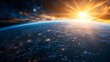 Glowing Earth with sun rising over horizon in space, ideal for global connectivity, world news, or international business themes.
