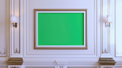 Wall Mural - Old-fashioned wooden frame with green screen background. Empty space for photo or art picture. White wall background. Blank place mock up with chroma key. Chromakey mockup. Gallery interior.