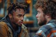 © Larisa AI - Two diverse men engaged in an intense conversation in an urban setting, depicting communication and diversity