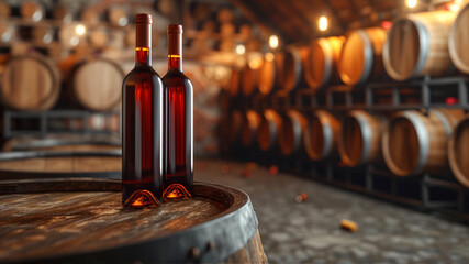 Bottle of red wine on wooden barrel in cellar.