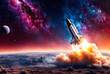 Abstract illustration of new cosmic ship flies to planets. Spaceship takes off into starry sky with nebula. Rocket starts into space. Cosmic concept. Copy ad text space. Generative Ai illustration