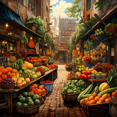 Canvas Print - A vibrant market with fruits and vegetables. 