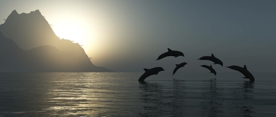 Wall Mural - Dolphins at sunset jumping in the water, seascape with dolphins playing at sunset, 3D rendering