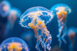 Fototapeta Zwierzęta - Glowing jellyfish swiming in deep blue sea