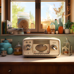 Sticker - A vintage radio on a retro kitchen counter. 