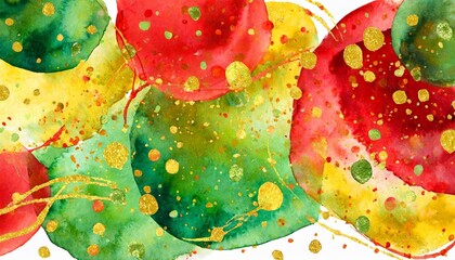 Wall Mural - red yellow and green watercolor abstract background with round drops and gold glitter