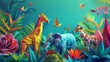 Playful low poly background featuring geometric animals in vibrant ecosystem