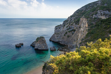 Poster - Aerial view of Ribeira do Cavalo beach in Arrabida Natural Park near Sesimbra town in Portugal