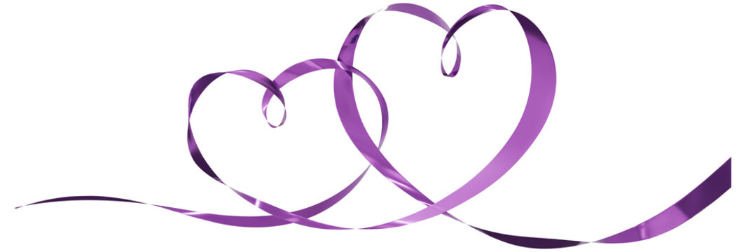 Purple ribbons 2 hearts isolated on background. Continuous ribbon line art drawing. Element for Valentine's day, mother's day wedding and print. 3D png illustration.