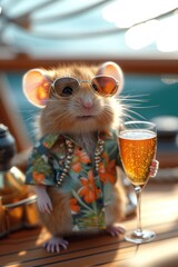 Poster - A mouse in summer clothes drinks a cocktail on a luxury cruise