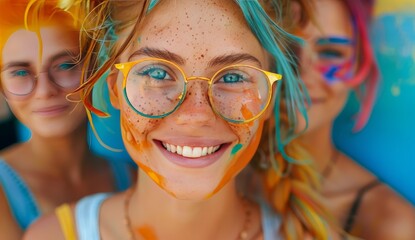 Wall Mural - A beautiful young woman with blue eyes and glasses, smiling brightly in front, is painted in three different colors