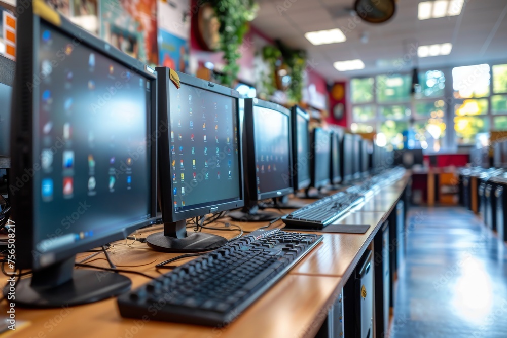 A well-organized computer lab with multiple workstations and monitors ...