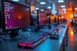 High contrast image of a gaming room with glowing RGB keyboards and vivid computer screens lit in blues and pinks