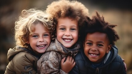 Multicultural children embracing in park for international justice day celebration on july 17th